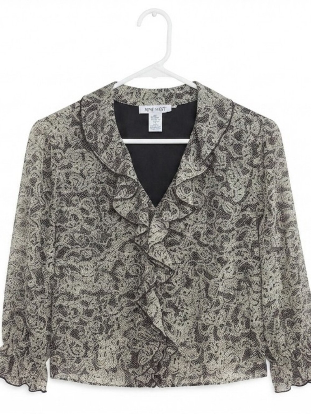 Nine West Women's Ruffle V-Neck Blouse Size 16 Brown Paisley Long Sleeve Top